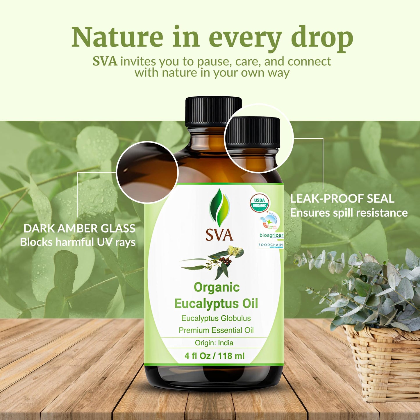 SVA Organic Eucalyptus Essential Oil with Dropper, 4 Fl Oz (118 mL)