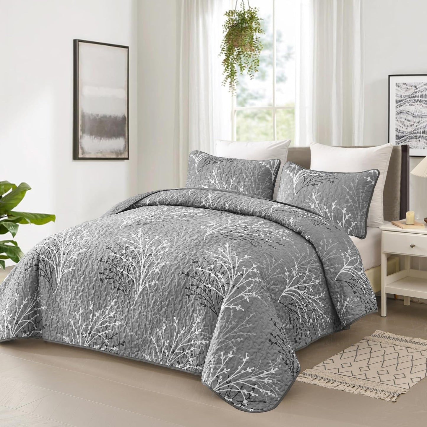 DJY Grey Quilt Set Queen Size - Branch Botanical Pattern Bedspread Coverlet Set, 3 Pieces Gray Floral Quilt Bedding Set, Soft Lightweight Microfiber Reversible Summer Quilt Set