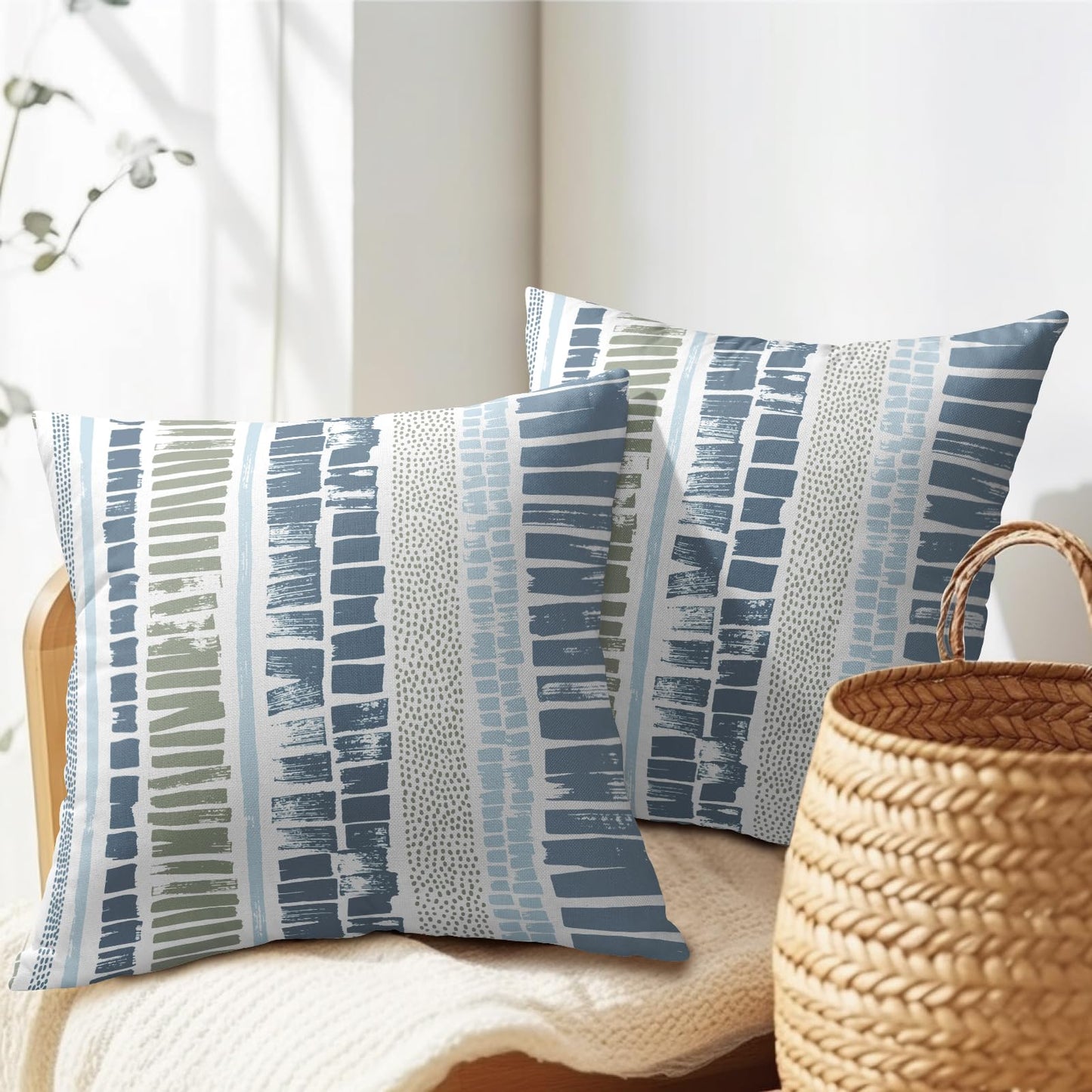 Blue Green Pillow Covers 18x18 Set of 2 Boho Striped Dots Print Pattern Decorative Outdoor Zipper Pillowcases Rustic Decoration Farmhouse Linen Throw Cushion Cover Decor for Home Couch Sofa Bed