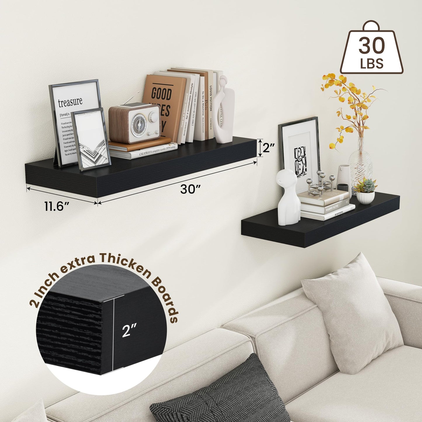 FLYJOE 30 Inch Floating Shelves | 12 Inch Deep Black Floating Shelves Set of 2 | 30" W x 12" D Rustic Wood Shelves for Wall | Deep Black Shelves for Living Room Bathroom Laundry Room Kitchen