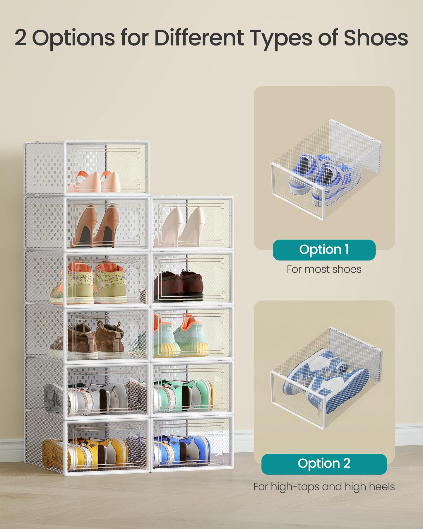 SONGMICS Shoe Boxes, Pack of 12 Shoe Storage Organizers, Stackable Clear Plastic Boxes for Closet, Sneakers, 13.1 x 9.1 x 5.6 Inches, Transparent and White ULSP12SWT