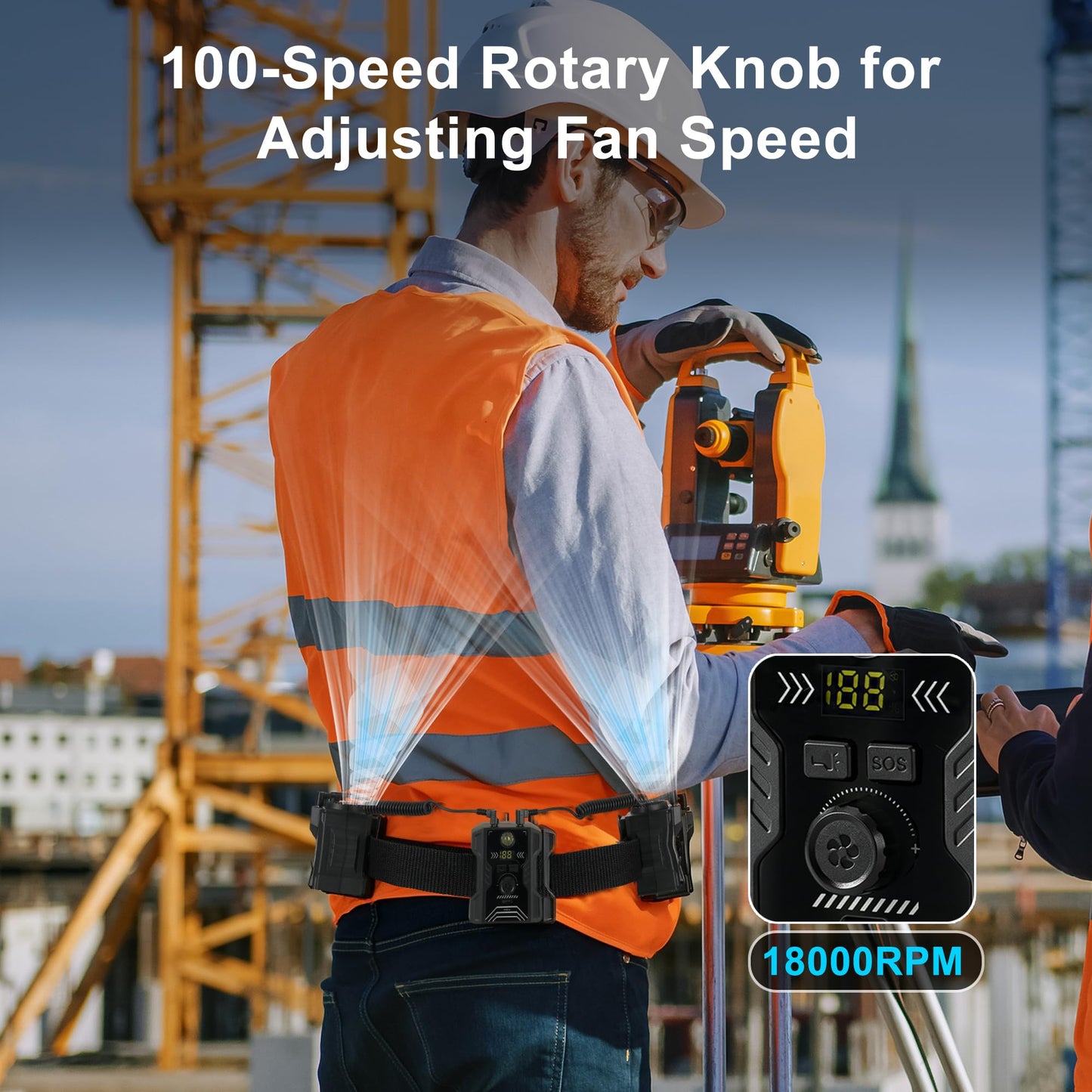 16000mAh Portable Waist Fan 2 Separate Wearable Waist Fans 18000RPM Powerful Belt Fans Rechargeable Battery operated With 100 Speeds for Jobsite Gardening Camping Outdoor work Travel Essentials