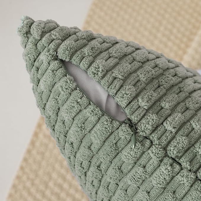 Kevin Textile Throw Pillow Covers Soft Corduroy Decorative Set of 2 Boho Striped Pillow Covers Pillowcases Farmhouse Home Decor for Couch Bed Sofa Living Room 24x24 Inch Greyish Green