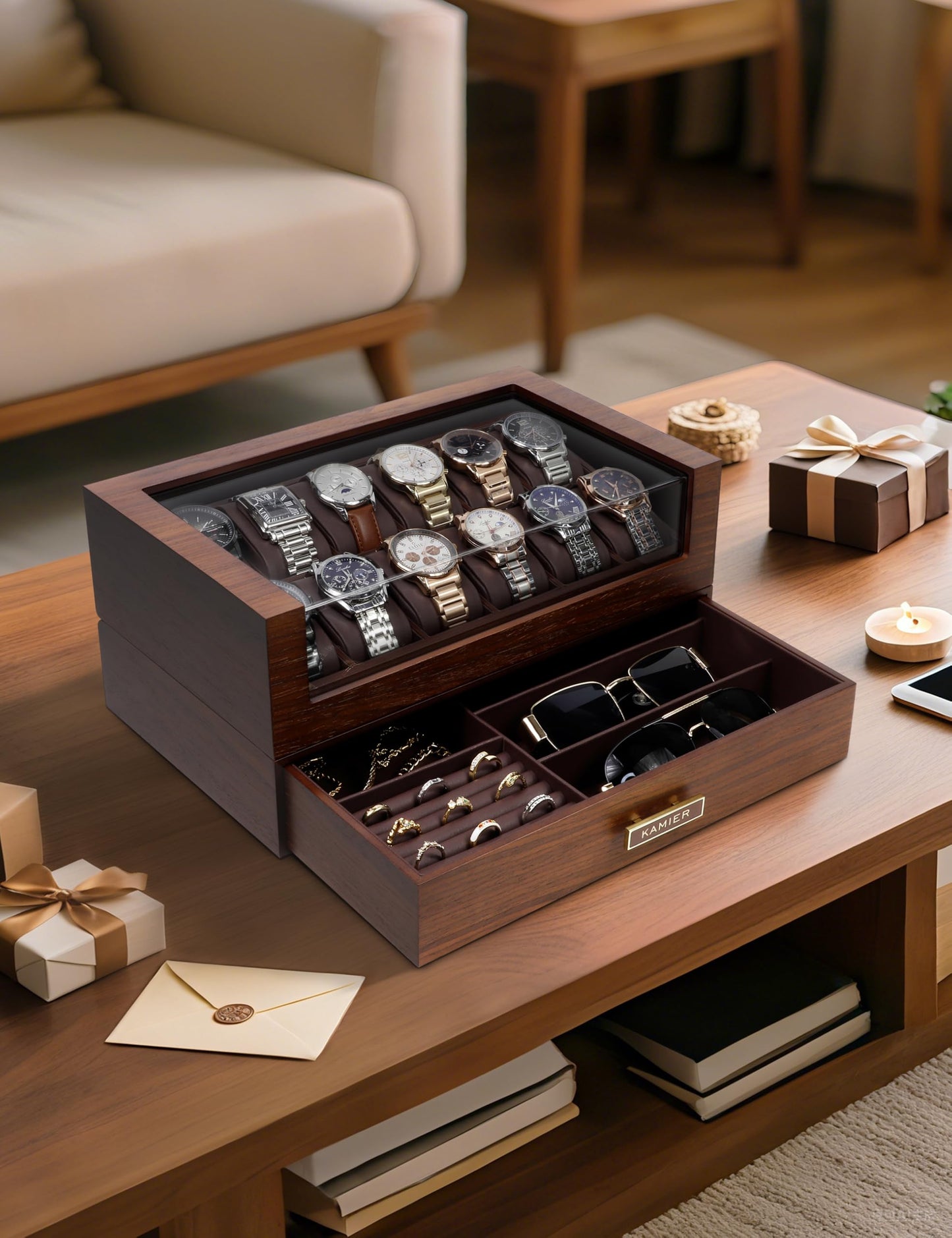 High End Watch Box for Men, 12 Slot Wooden Watch Case With Drawer, Watch Display Box with Glass Lid, 2-Layer Watch Holder for Jewelry and Watch Storage for Men Women , Ideal for Gift (With Gift Box)