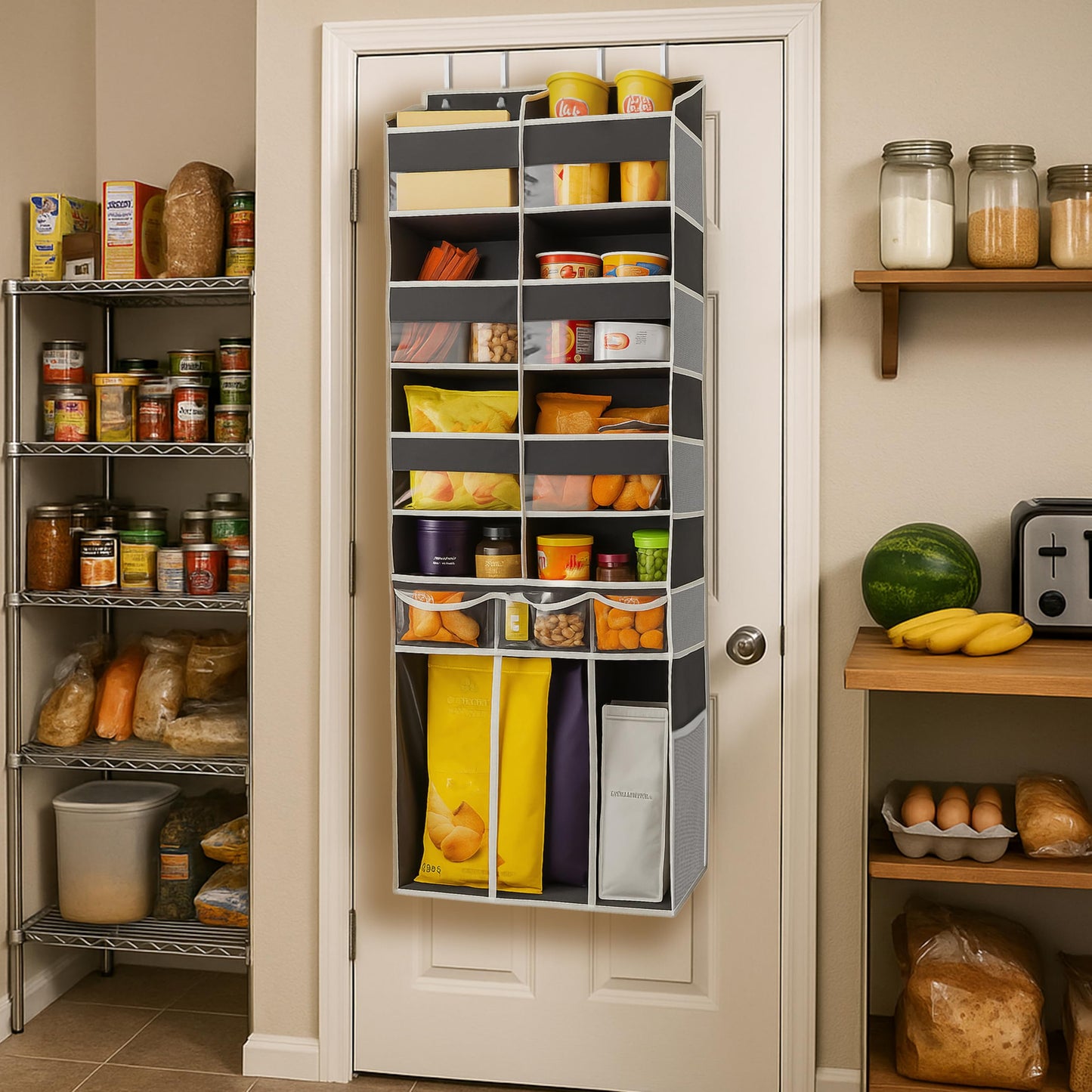 EZVERY Extra Large Over The Door Organizer with Clear Pockets - 8 Compartments & XL Bottom Storage, Heavy-Duty Hanging Organizer for Bathroom, Bedroom, Closet (57 Inch Height).