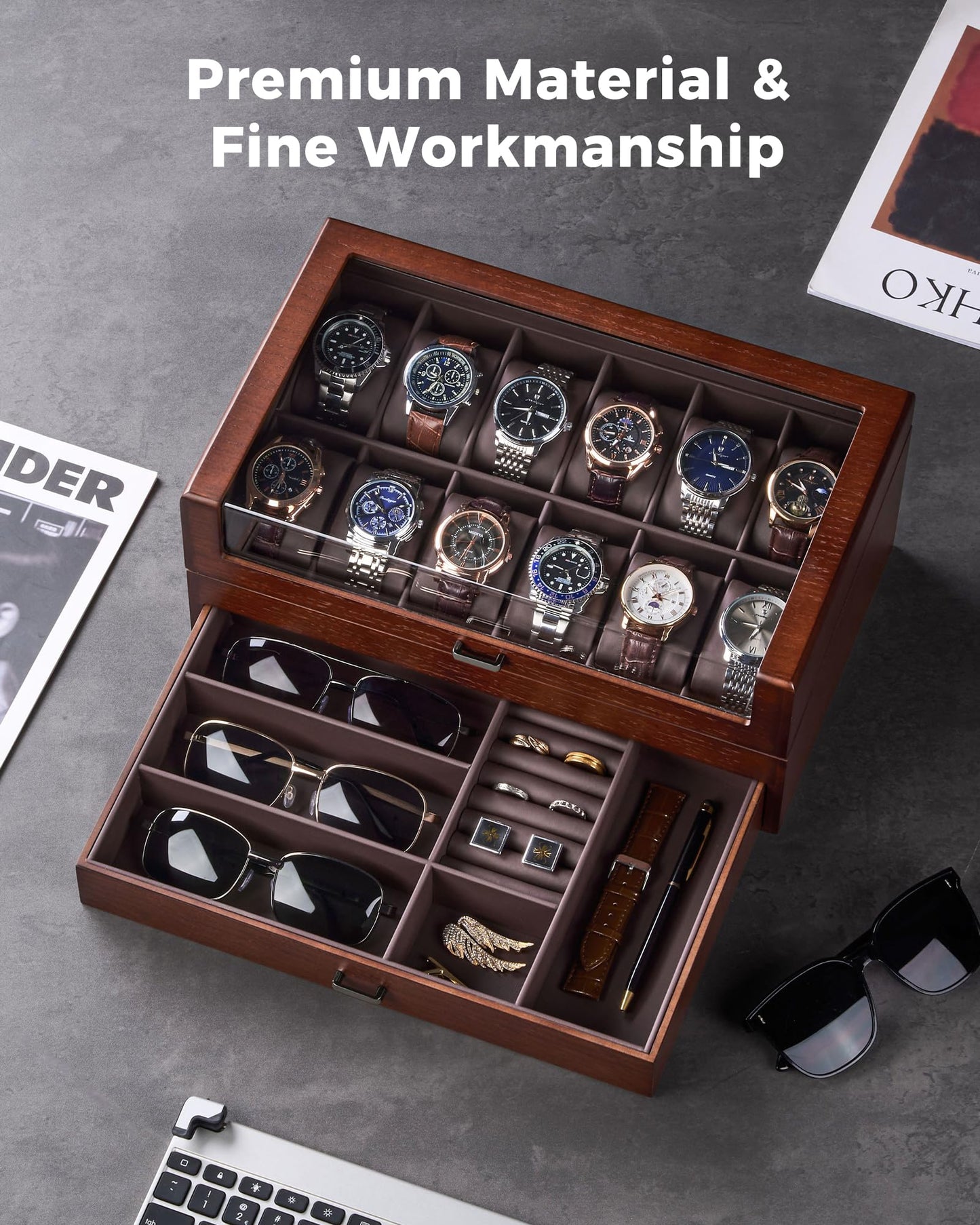 ProCase High End Wooden Watch Box for Men, 2-Layer Wood Watch Display Case Men's Jewelry Organizer Box with Drawer, Fathers Day Gift -12 Slot, Walnut