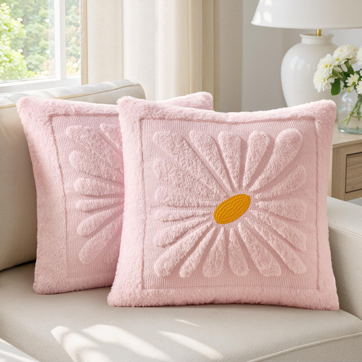 EMEMA Set of 2 Spring Summer Sunflower Floral Pillow Covers, Plush Faux Fur Decorative 18x18 Cushion Cases Adding a Soft, Bright Seasonal Accent to Sofa Couch Bed Modern Farmhouse Living Room, Pink