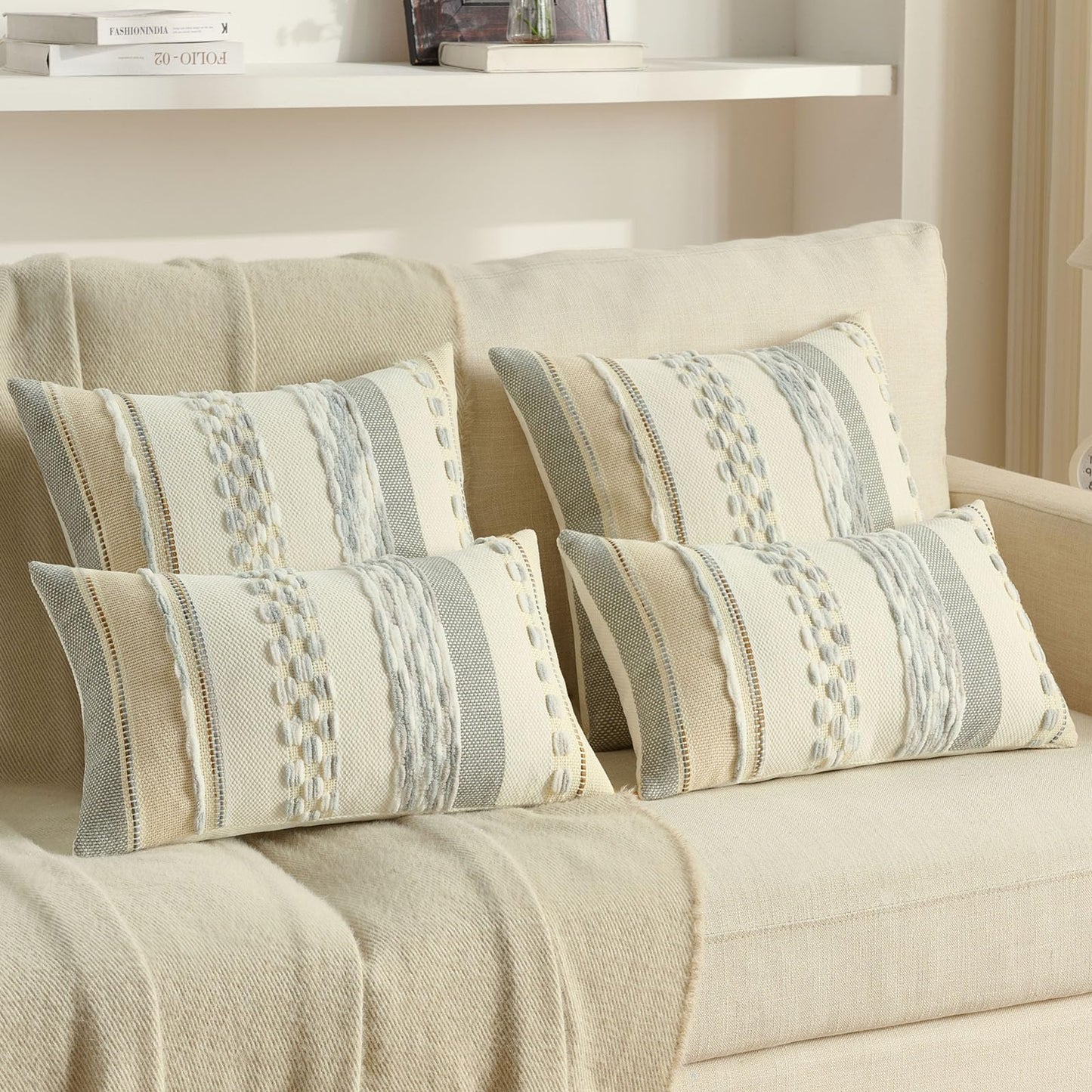 FUTEI Pack of 2 Boho Chenille Decorative Throw Pillow Covers 18x18 Inch Soft Tufted Striped Textured Cushion Case,Farmhouse Accent for Couch Bed Living Room, Grey Blue White