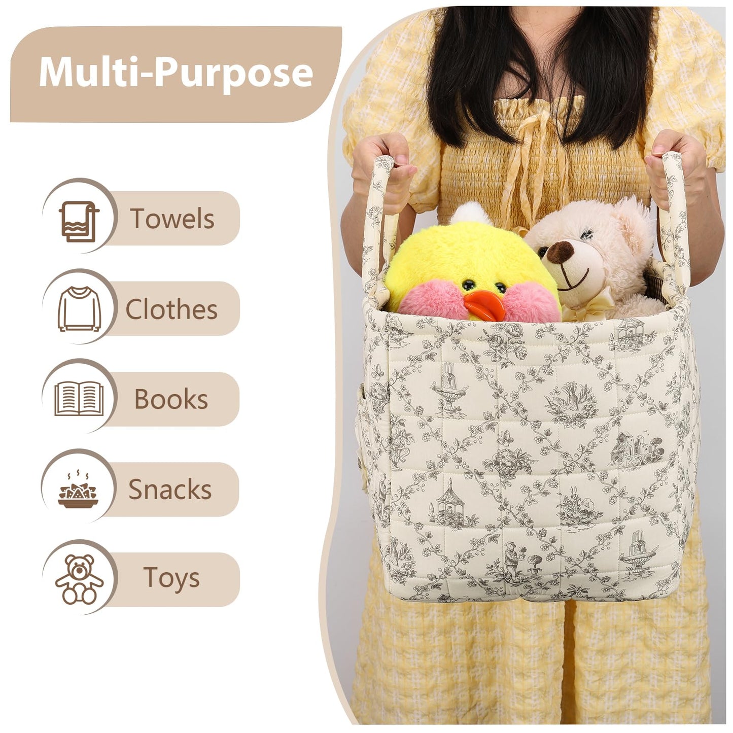 Storage Basket Boho Fabric Large Collapsible Floral Laundry Nursery Hamper Portable Folding Storage for Clothes Toys (Vine-Coffee)
