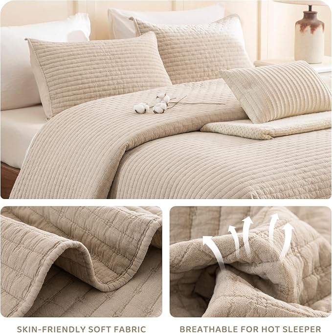 Sanracie Oversized King Bedspread (128"x120"), 100% Cotton Cross Stitch Pattern California King Coverlet Quilt Set 3Pcs Warm Taupe Colored Lightweight Extra Large King Bed Quilt for All Season