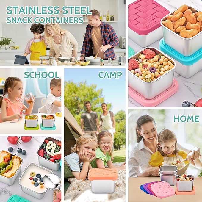 Ryrokxivi 8PC 6oz Stainless Steel Snack Containers with lids, BPA-Free Metal Kids Snack Cups with Fork and Spoon, Leakproof Lunch Box Containers，Resuable Baby Food Storage Bowl