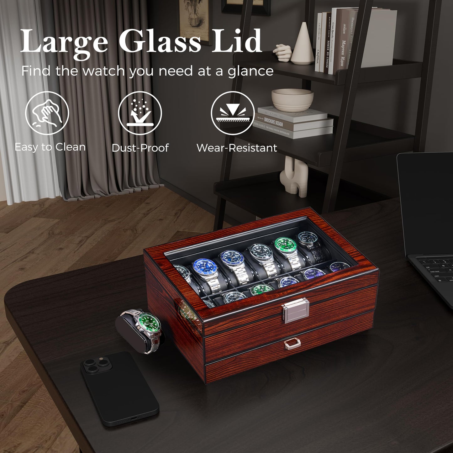 BEWISHOME Watch Box 12-Slot, Watch Case with Large Glass Lid