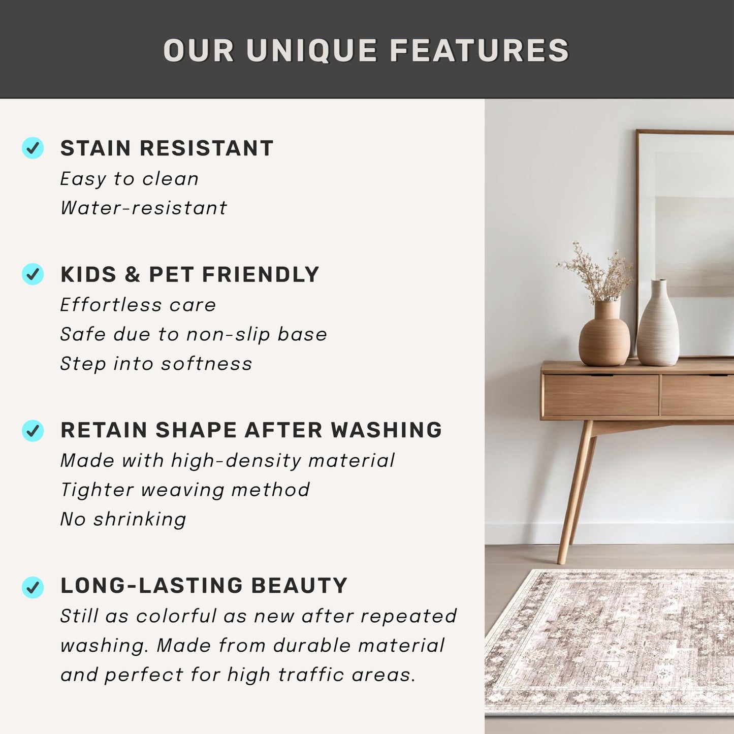 Hazo Haus Washable Neutral Farmhouse Living Room Rug, 5x7 Area Rugs for Bedroom, Nursery Room, Boho Vintage Floral Non-Slip Rug Low Pile Stain Resistant (5x7 Beige/Latte)
