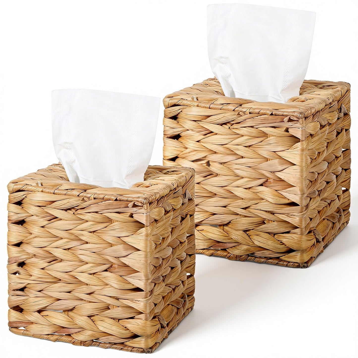 2 Pack Water Hyacinth Tissue Box Holder, Hand Woven Square Tissue Box Cover, Natural Handmade Napkin Boxes Holder, Rustic Decorative Tissues Cover for Table, Bathroom, 5.9 inch