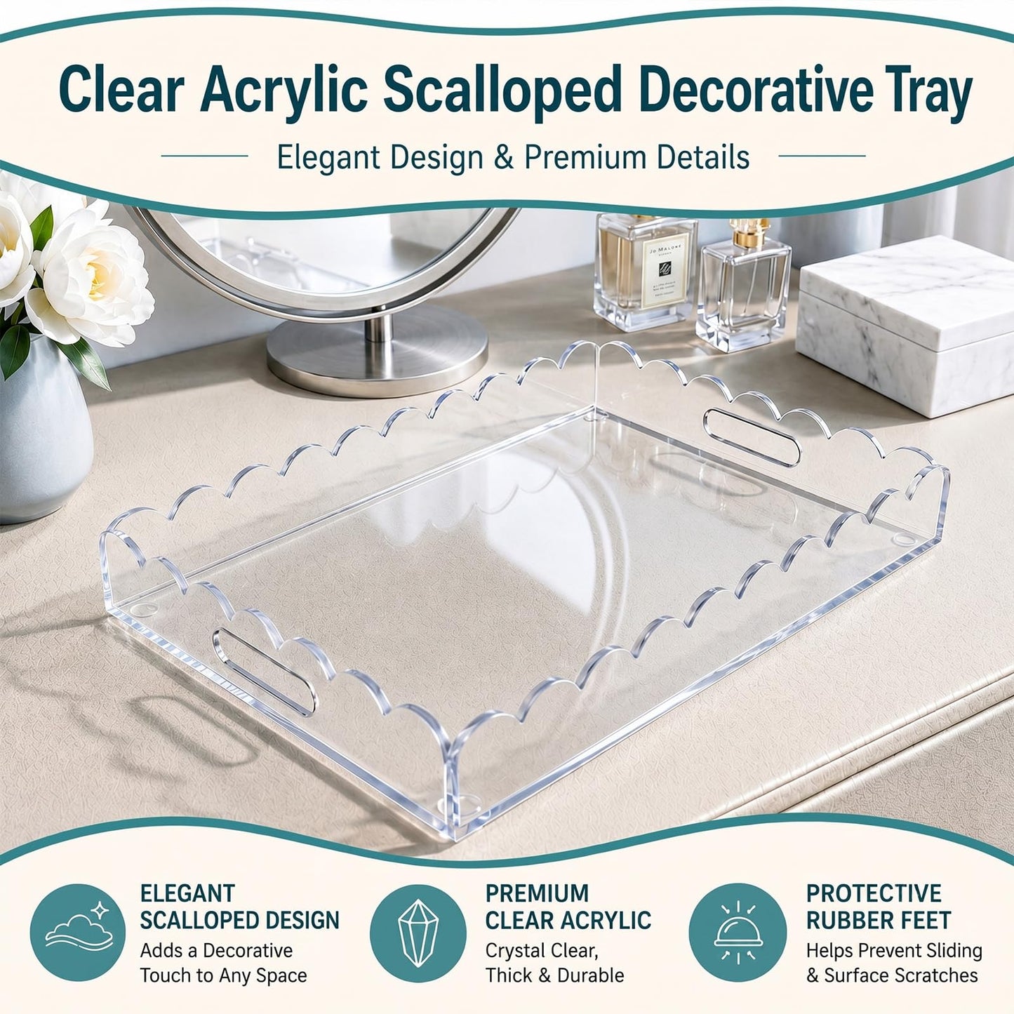 DUNPUTE Scalloped Clear Acrylic Tray with Handles, 15 x 10 Inch Decorative Serving Tray for Coffee Table, Ottoman and Vanity, Perfume Tray for Bathroom Vanity, Kitchen Counter and Home Decor