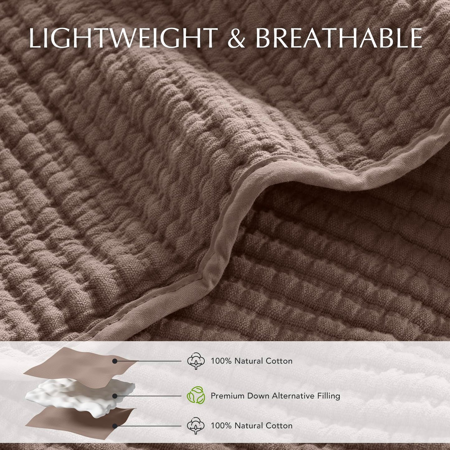 EVERGRACEHOME Cotton Coverlet Set Full Queen Size 3 Pieces, Lightweight Soft Ribbed Matelassé Bedspread Quilt Set, Cozy Oversized Quilted Bedding Set with 2 Pillow Shams for All Seasons, Mocha Brown