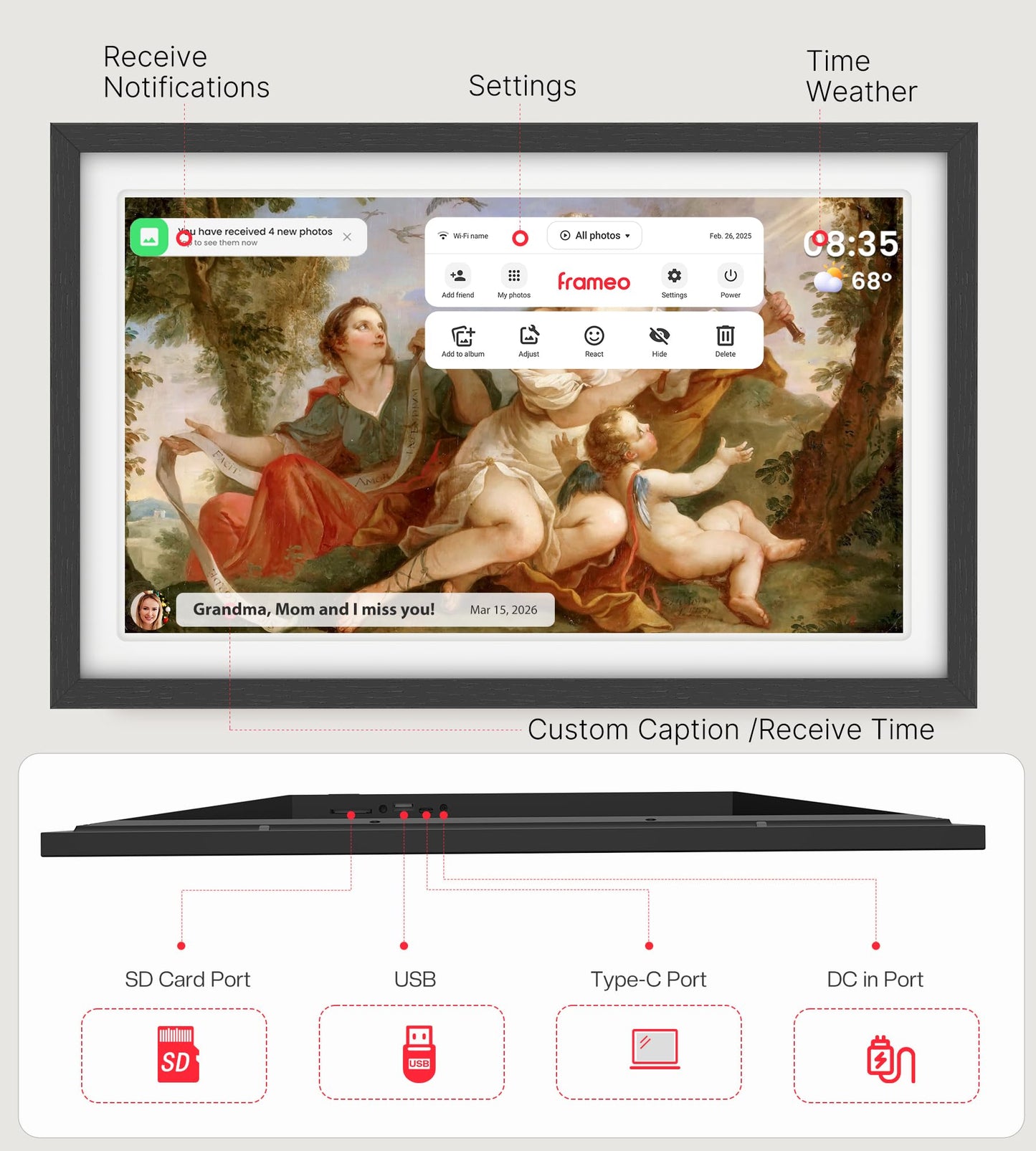 BIGASUO 21.5" Large Digital Picture Frame 64GB, Frameo Digital Photo Frames WiFi with 1920x1080 FHD IPS Touch Screen, Share Photos/Videos Via Frameo App/USB/SD, Photo Gifts for Parent and Grandparent