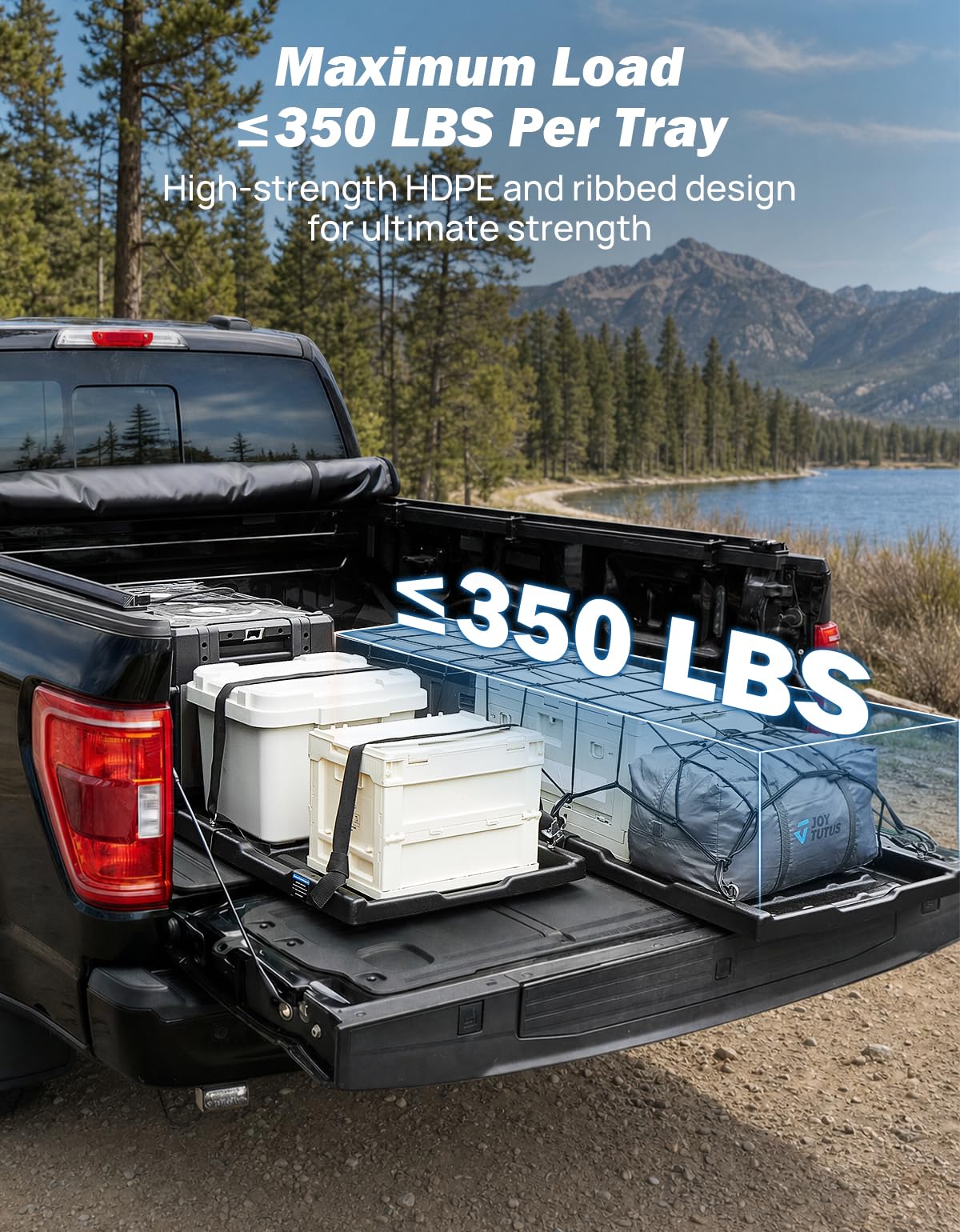 JOYTUTUS Adjustable Slide-Out Truck Bed Cargo Tray Compatible with Ford Silverado Ram GMC Sierra Gladiator Toyota Tacoma, HDPE Heavy-Duty Cargo Storage Tray, 350 LBS Load Capacity