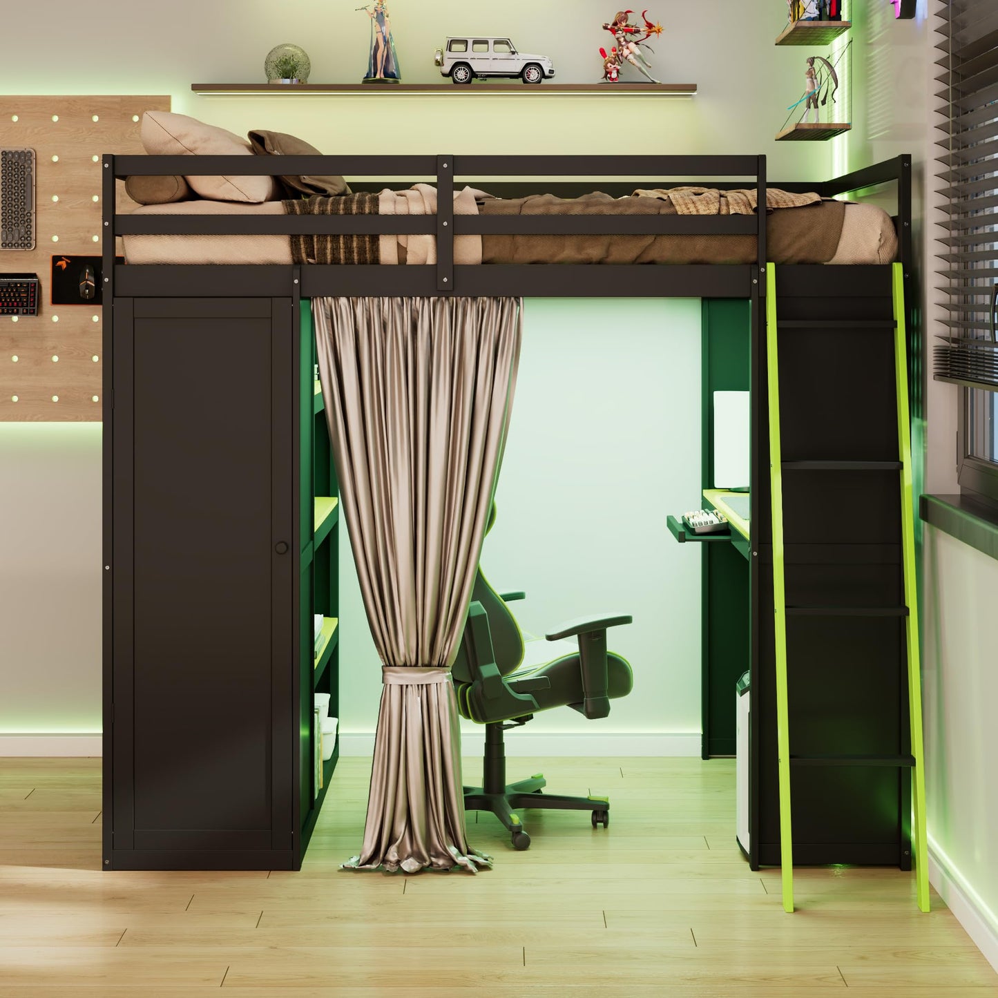 Merax Wood Loft Bed with Wardrobe,Shelves,Blackout Curtains and RGB Lights, Full Size, Black+Green