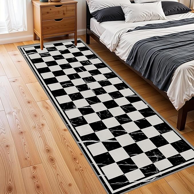 Grey Black Checkered Kitchen Hallway Carpet, 1.3x7ft, Abstract Black Marble Indoor Decor Washable Rugs, Durable Soft Cozy Non Slip Rug, Breathable Non Shedding Mats for Front Porch