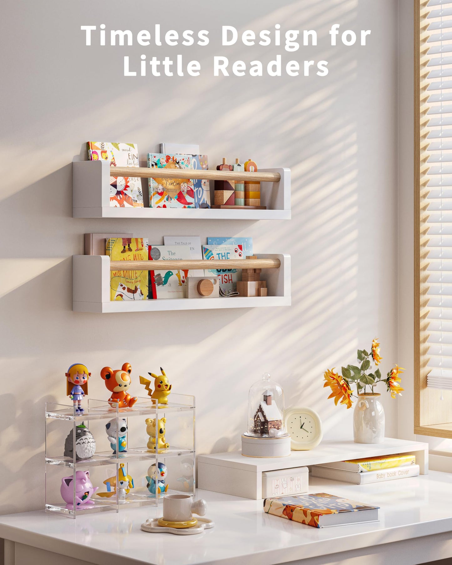 Seocry Nursery Book Shelves, 4 Pack, Wall Book Shelves for Kids Room, Baby, Toddler, Nursery Decor (White Wood, 16.5 Inches)