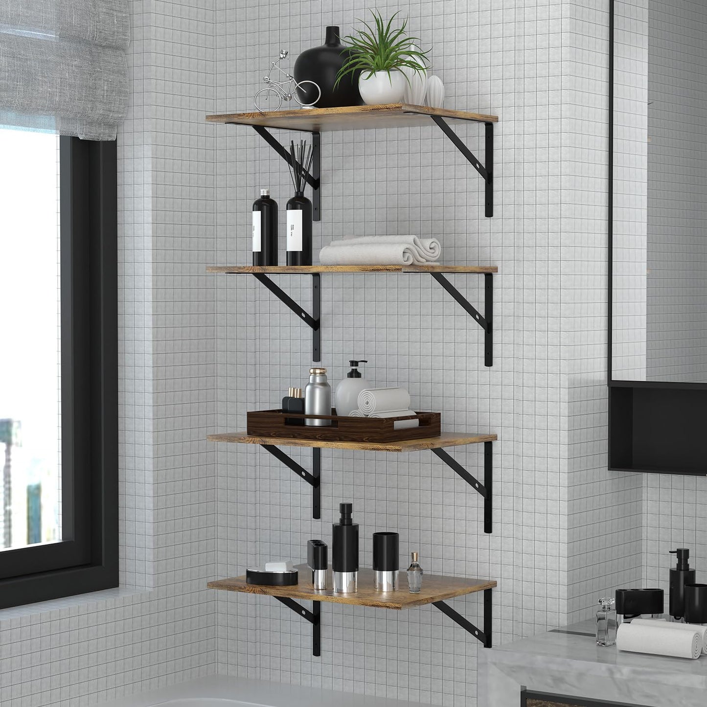 Dushikent Deep Floating Wall Shelves - 4 Sets of 12 Inch Wide Rustic Brown Wood Shelves for Bathroom, Bedroom, Kitchen, Living Room