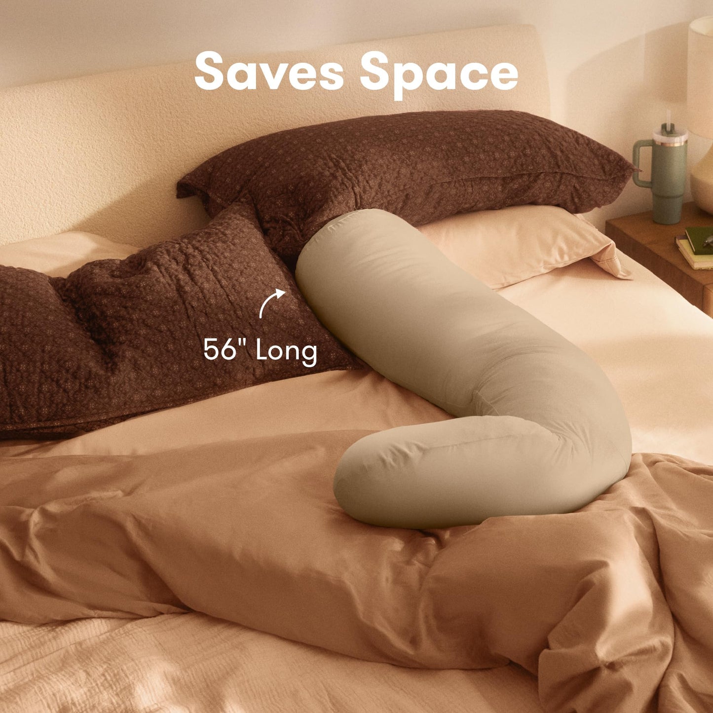 Frida Mom Compact Support 4-in-1 Pregnancy Pillow, Cooling Pregnancy Pillow, Twist & Bends into 4 Shapes for Comfort & Full Body Support, Compact Storage, Easy to Clean, Breathable, Storage Bag, Taupe