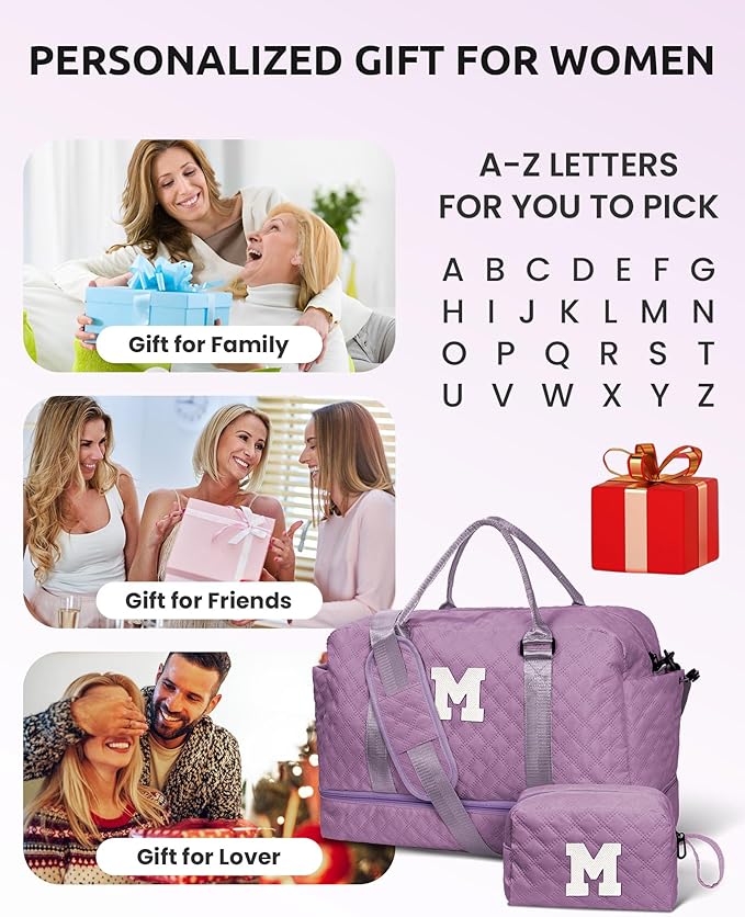 Vogewood Personalized Gifts-Girls Duffle With Shoe Compartment, Personalized Weekender, Monogram Overnight Bag, Letter Travel With Makeup Bag, Birthday Gift For Women Girl (Letter L)