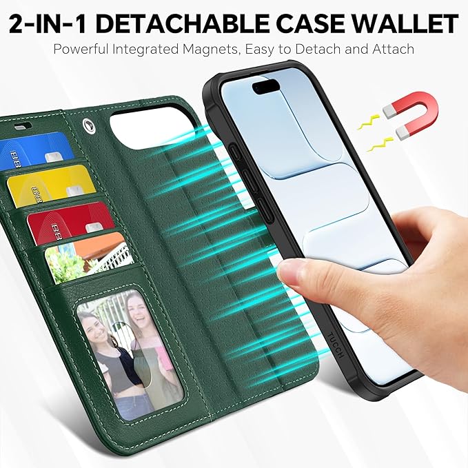 TUCCH 2-in-1 Removable Wallet Case for iPhone Air (6.5-inch) 2025, Wireless Charging | RFID Blocking 4 Card Holder | Wrist Strap | Kickstand | Magnetic | PU Leather | Protective Cover | Dark Green