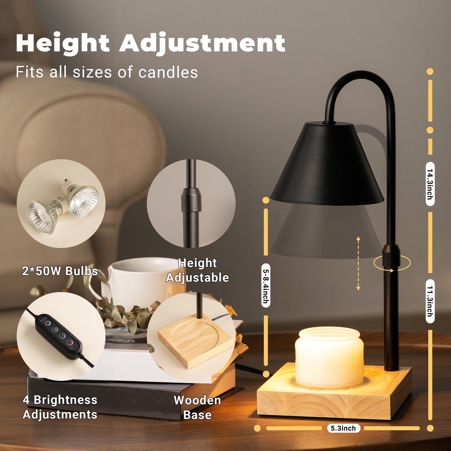 GODONLIF Black Dimmable Candle Warmer Lamp, Adjustable Height, Timer, Wooden Base, for Scented Wax with 2 Bulbs