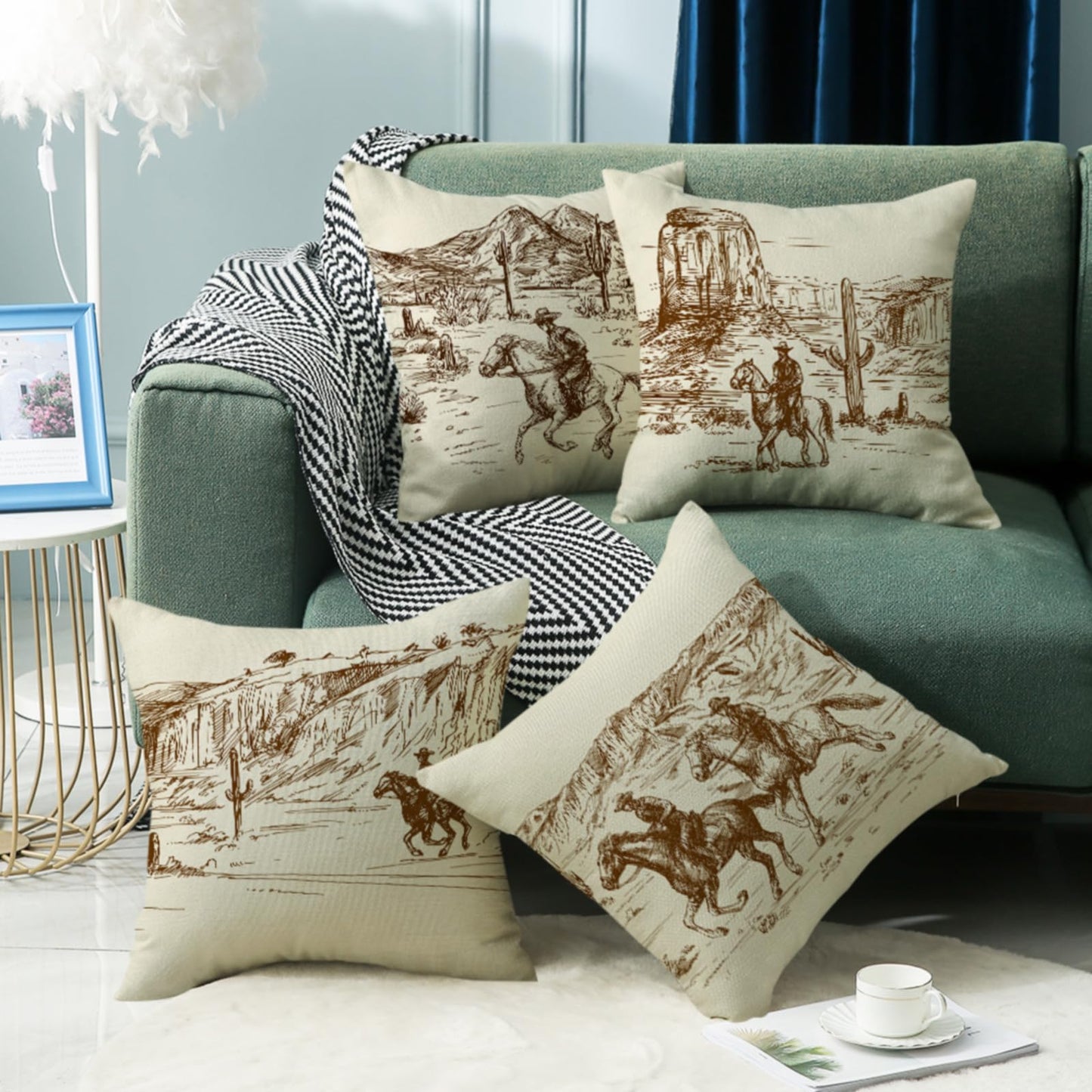 Sagielio Western Throw Pillow Covers Western Home Decor 18x18 Set of 4, Cotton Linen Pillows for Couch Living Room and Bedroom, Pillow Case Set for Cowboy Couples Boys Girls (Beige)