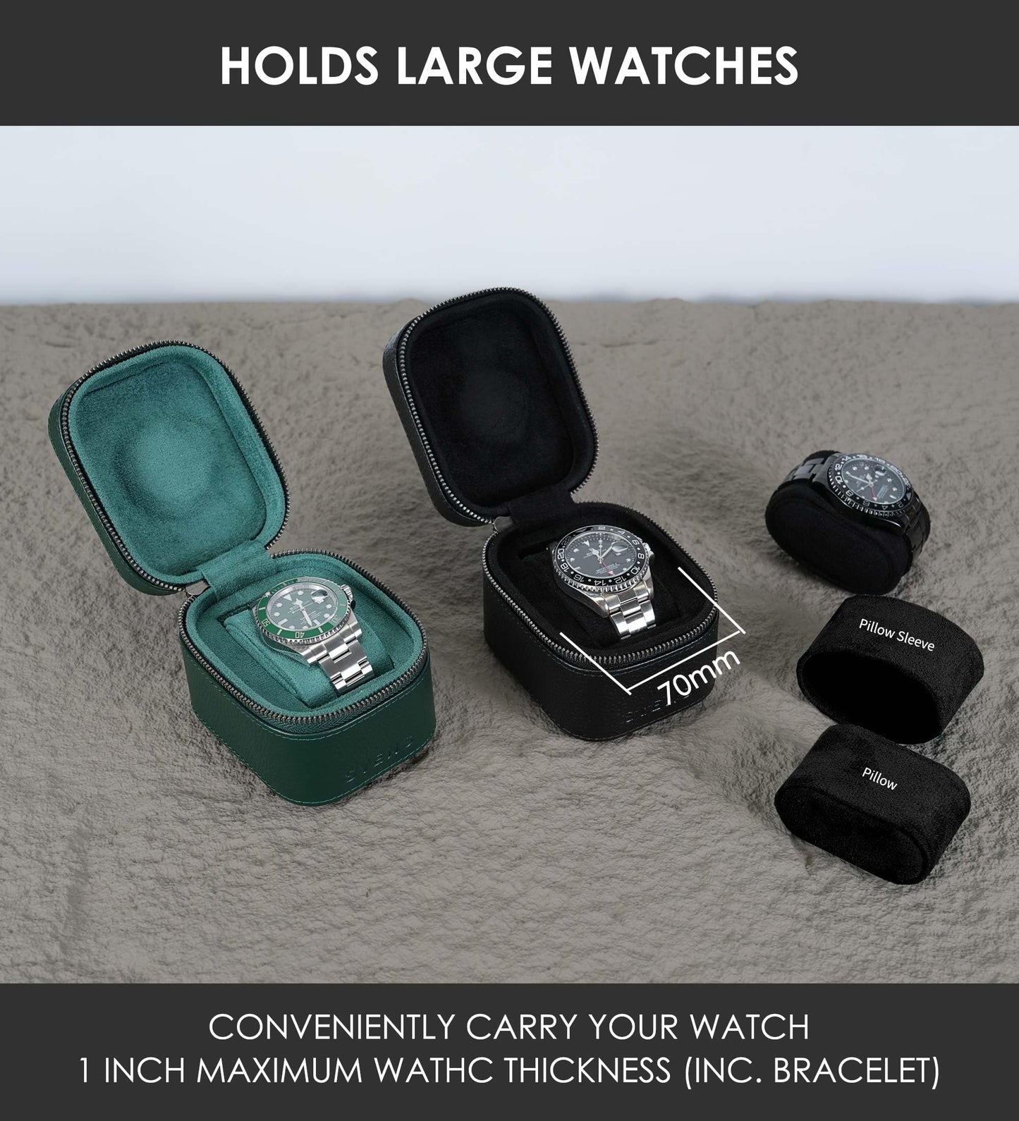 SYENS Watch Travel Box, Real Genuine Leather Single Watch Roll Case for Man and Women Watch Packing Storage Organizer with Suede to Protection Zipper Fit All Watches Up to 60mm (1W-Z-BB)
