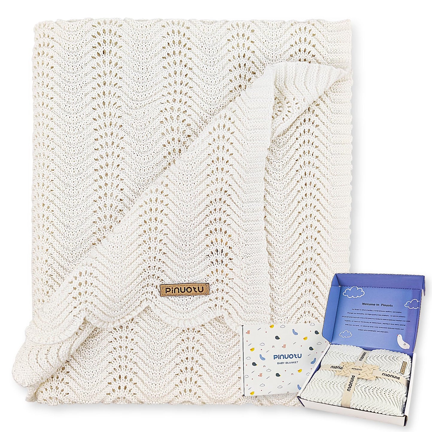 Pinuotu Cotton Knitted Baby Blanket – Neutral Swaddle Receiving Blanket for Newborn, Toddler, Boys & Girls, Crib or Stroller Blanket with Gift Box, 31×40 Inch (White)