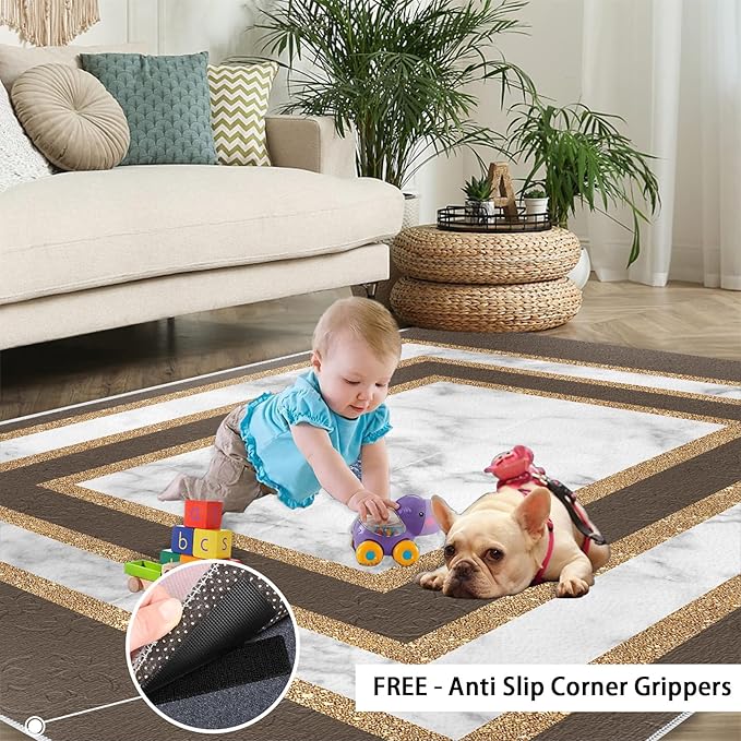Marble Texture Area Rugs Rectangular Geometric Rug Gray White Marble Carpet Luxury Rug with Gold Accents Modern Minimalist Geometric Rugs for Bedroom Living Room 6x8ft