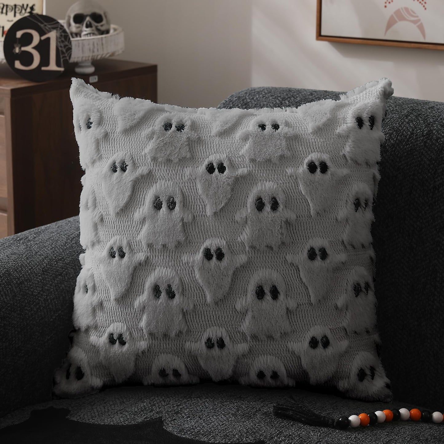DFXSZ Halloween Pillow Covers 20x20 inch Set of 2 Silver Gray Ghost Throw Pillow Cases Soft Plush Faux Fur Wool Couch Cushion Case for Chair Sofa Bedroom Living Room Home Decor PTK03X20