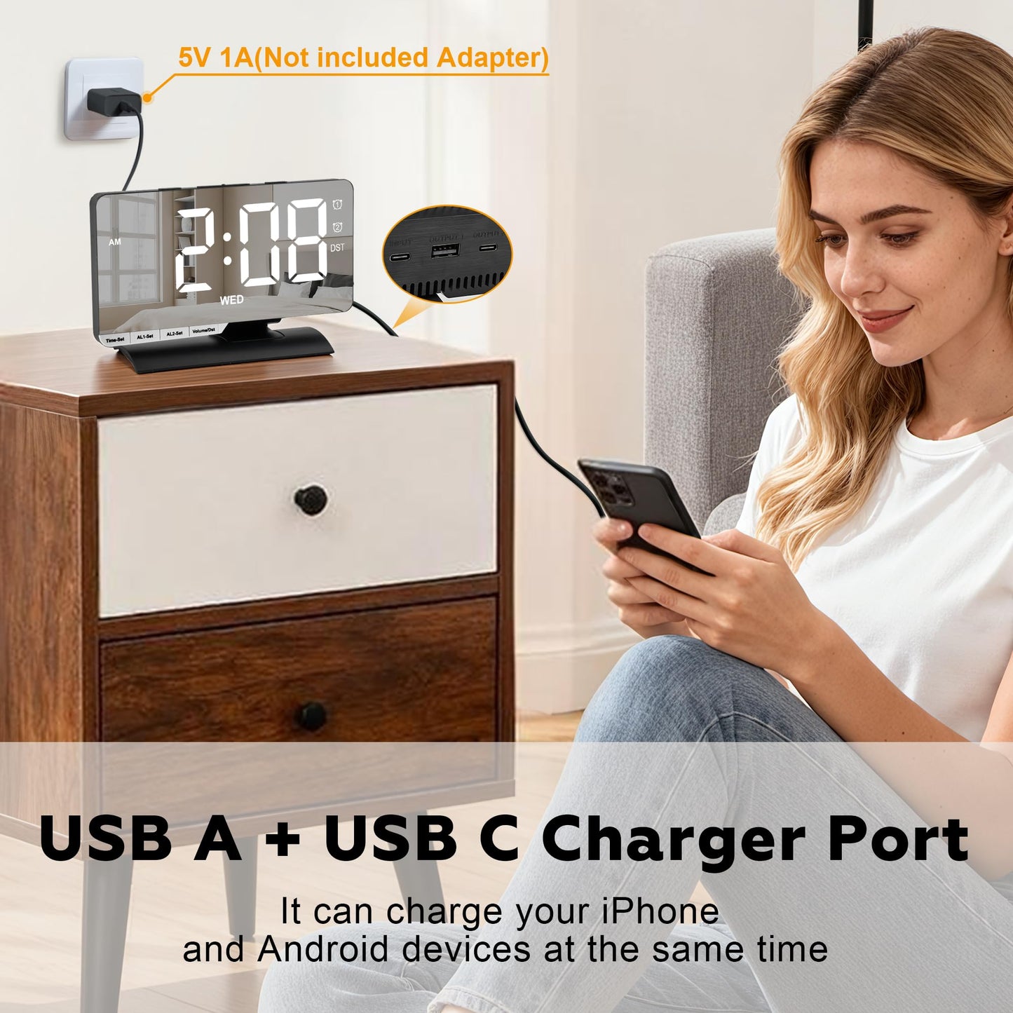 SZELAM Digital Clock,Alarm Clock Bedside,7.3'' Large LED Mirror with Date Display,Dual Alarm with 3 Mode,Brightnee Adjust,DST,Snooze Function,USB C Charging Port,5 Levels Volume for Desk Bedroom Teens