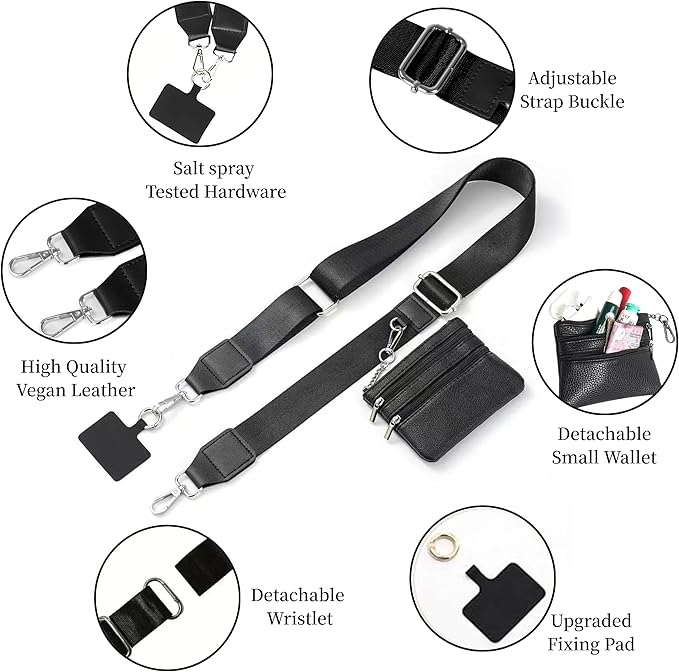 Crossbody Body Phone Holder for Women, New Phone Strap with Zippered Pouch, Adjustable Crossbody Strap (Black)