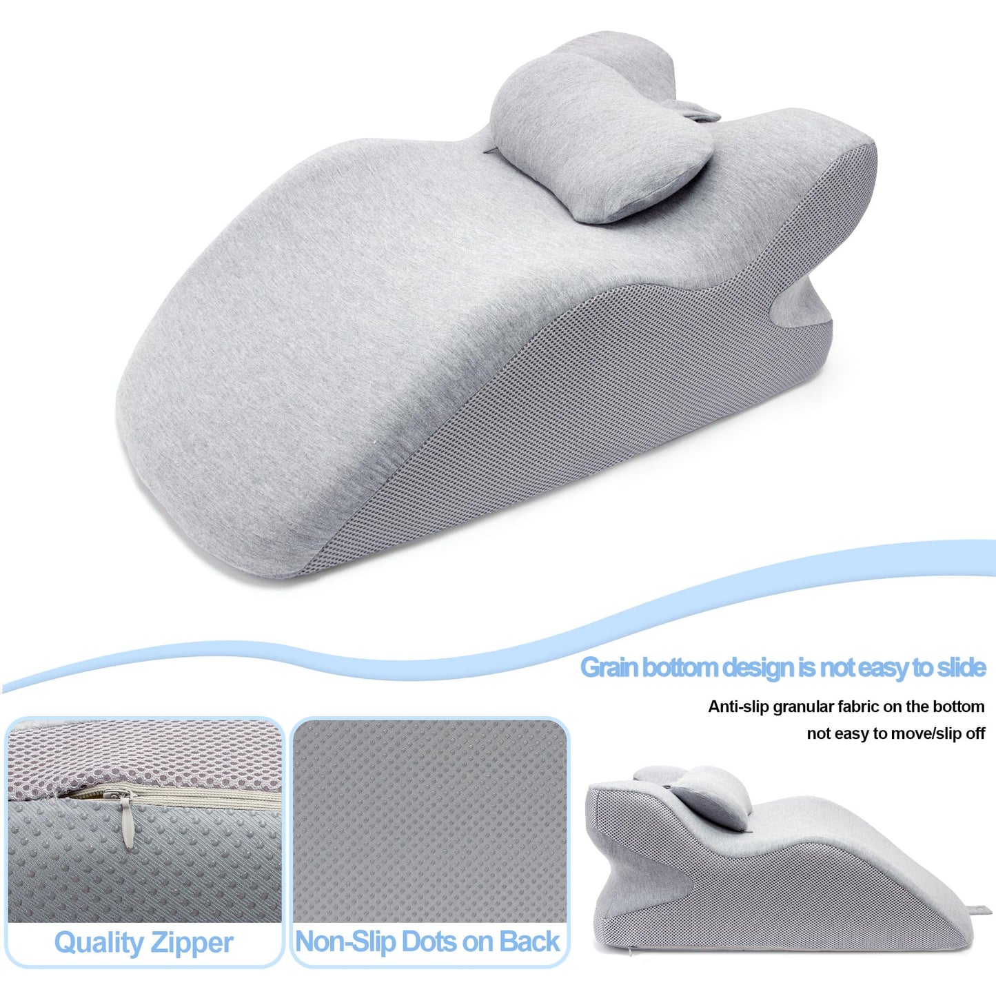 Generic Adult Ergonomic Memory Foam Bed Triangle Wedge Pillow Headboard for Sitting up Back Neck Pain Relief with Face Down Massage Prone Pillow Function for Reading, with Washable Cover (Grey)