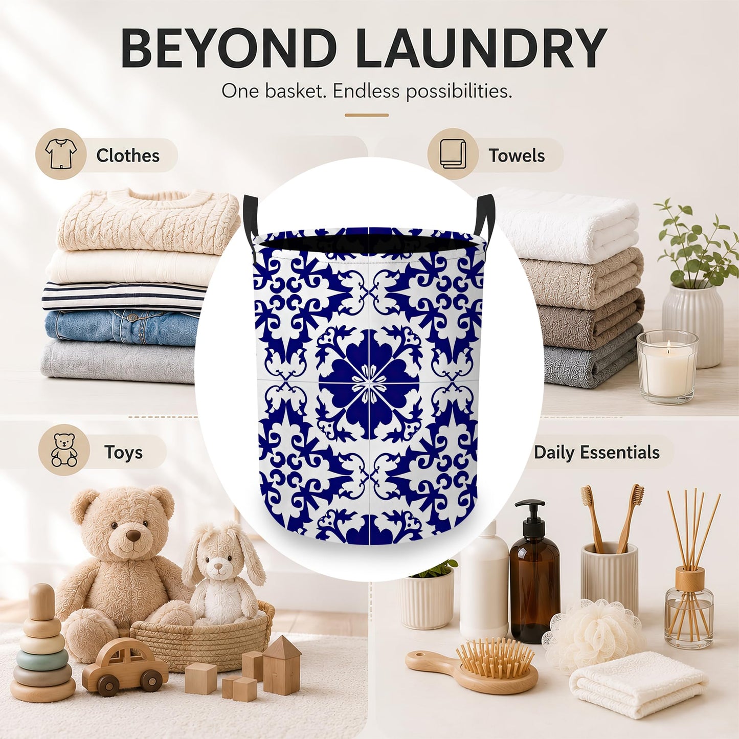 Boho Laundry Basket Oxford Cloth Blue White Tile Laundry Hamper With Handle Foldable Portable Clothes Storage Basket Storage Bag For Laundry Room/Bathroom/Bedroom/Dormitory 20.8"x16"