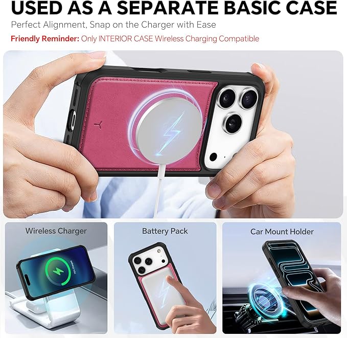 TUCCH 2-in-1 Removable Wallet Case for iPhone 17 Pro (6.3-inch) 2025, Wireless Charging | RFID Blocking 4 Card Slot | Wrist Strap | Kickstand | Magnetic | PU Leather | Protective Flip Cover | Hot Pink