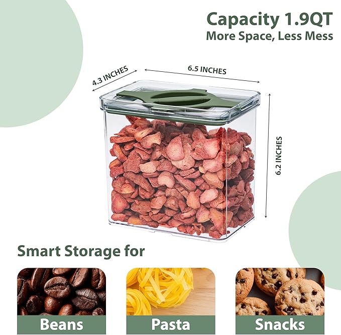 Prestoor 4-Pack Airtight Pantry Containers, 1.9 QT / 1.8 L Clear Food Storage Jars with Leakproof Twist-Lock Lids, Detachable Lid for Easy Cleaning, Cereal, Pasta, Rice, Oats, Snack Storage Sand