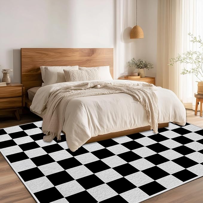 Black and White Checkered Rug for Living Room, 3x5 Area Rugs, Checkered Area Rug, Geometric Plaid Rugs, Washable Non Slip Retro Carpet Home Floor Decor