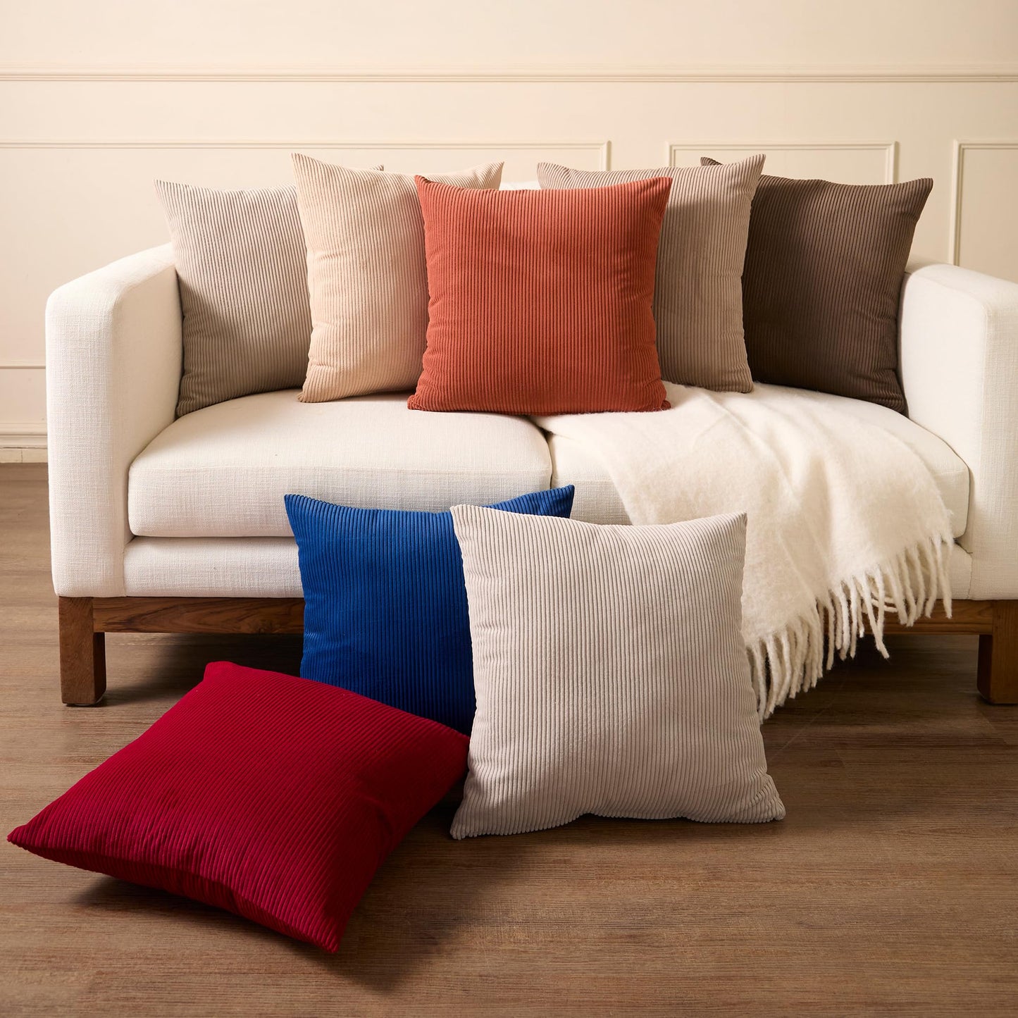 Encasa XO Corduroy Throw Pillows Covers 18"x18", Set of 2 Soft Textured Striped Boho Pillow Covers | Decorative and Cozy Cushion Cases for Home Decor and Sofa Living Room (Light Taupe)