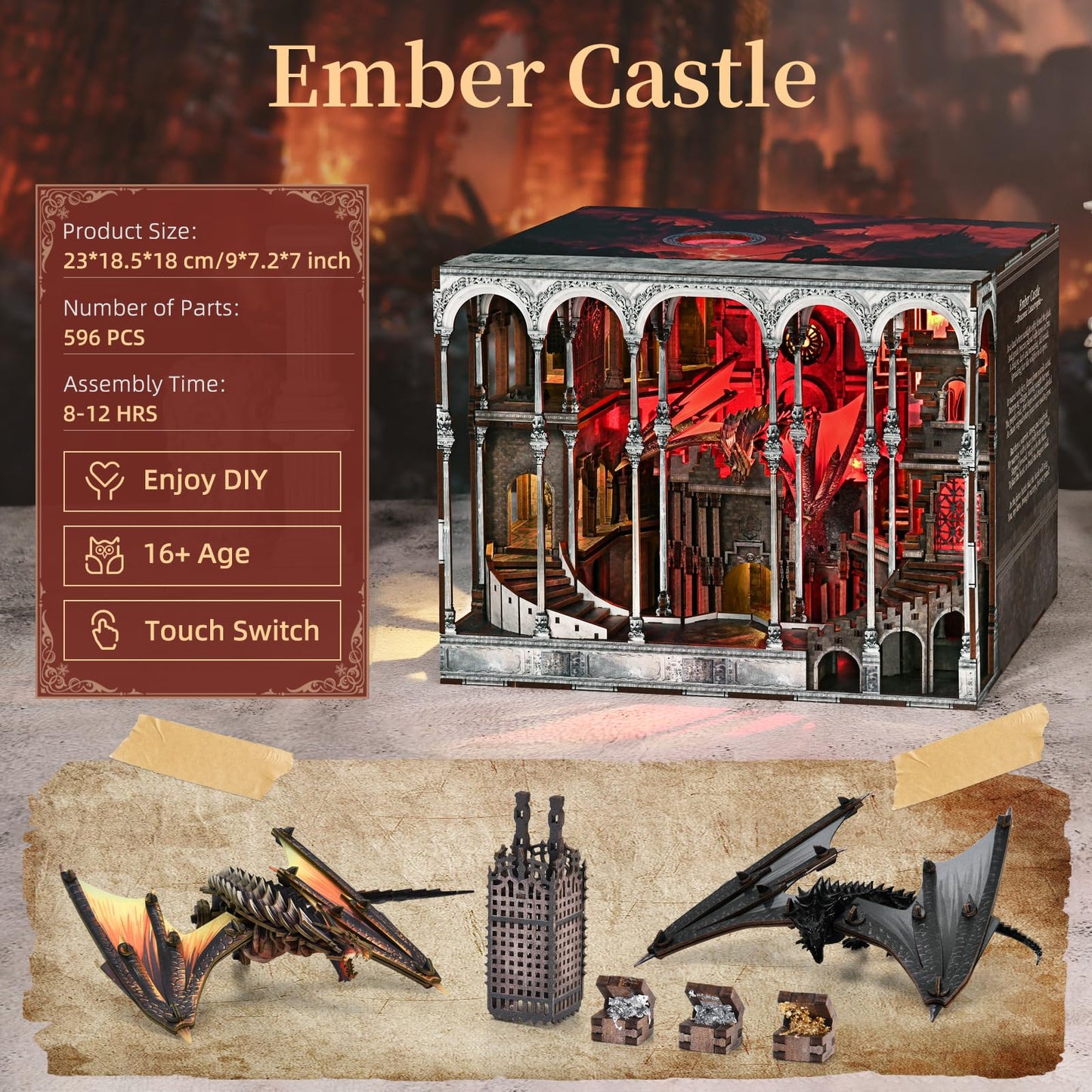 CCCDF Ember Castle DIY Book Nook Kit, 3D Wooden Puzzle Miniature Dollhouse Bookend with LED Light, Bookshelf Decor for Teens Adults