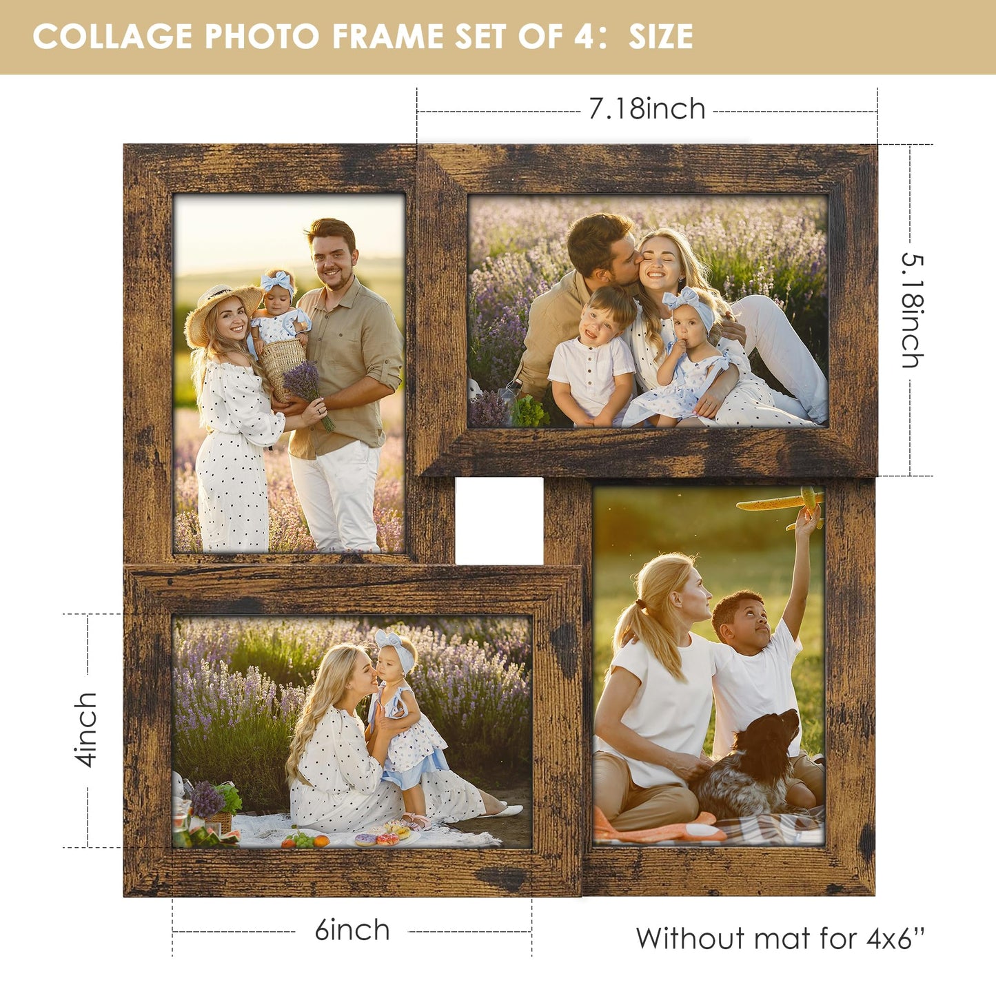 DUENPY 4x6 Collage Picture Frame Tempered Glass Front, Displays Four 4x6 Photo, Family Photo Collage Frame, Wall Decor Wall Hanging or Tabletop, Brown