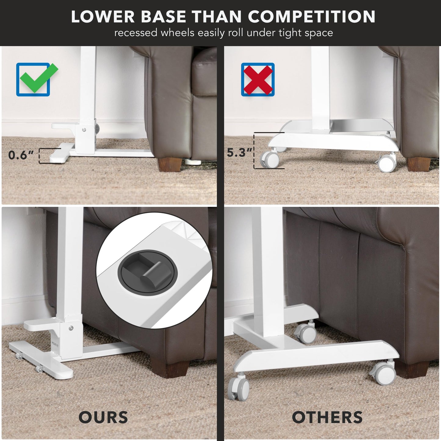 Mount-It! Foldable Overbed Table with Wheels – Height Adjustable Rolling Bedside Table, No Assembly Required, Ultra-Low Profile Base Fits Under Beds & Sofas, for Home and Hospital Use
