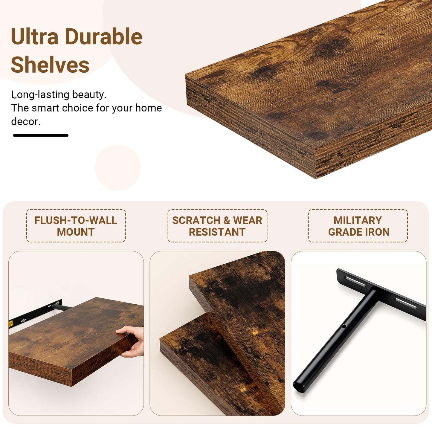 Feihorrm 55 Inch Floating Shelves, 12 Inch Deep Floating Shelves for Wall, Extra Deeper & Thicker Wooden Wall Shelf with Invisible Brackets, Shelf for Bedroom Home Decor（Rustic Brown, Set of 2）