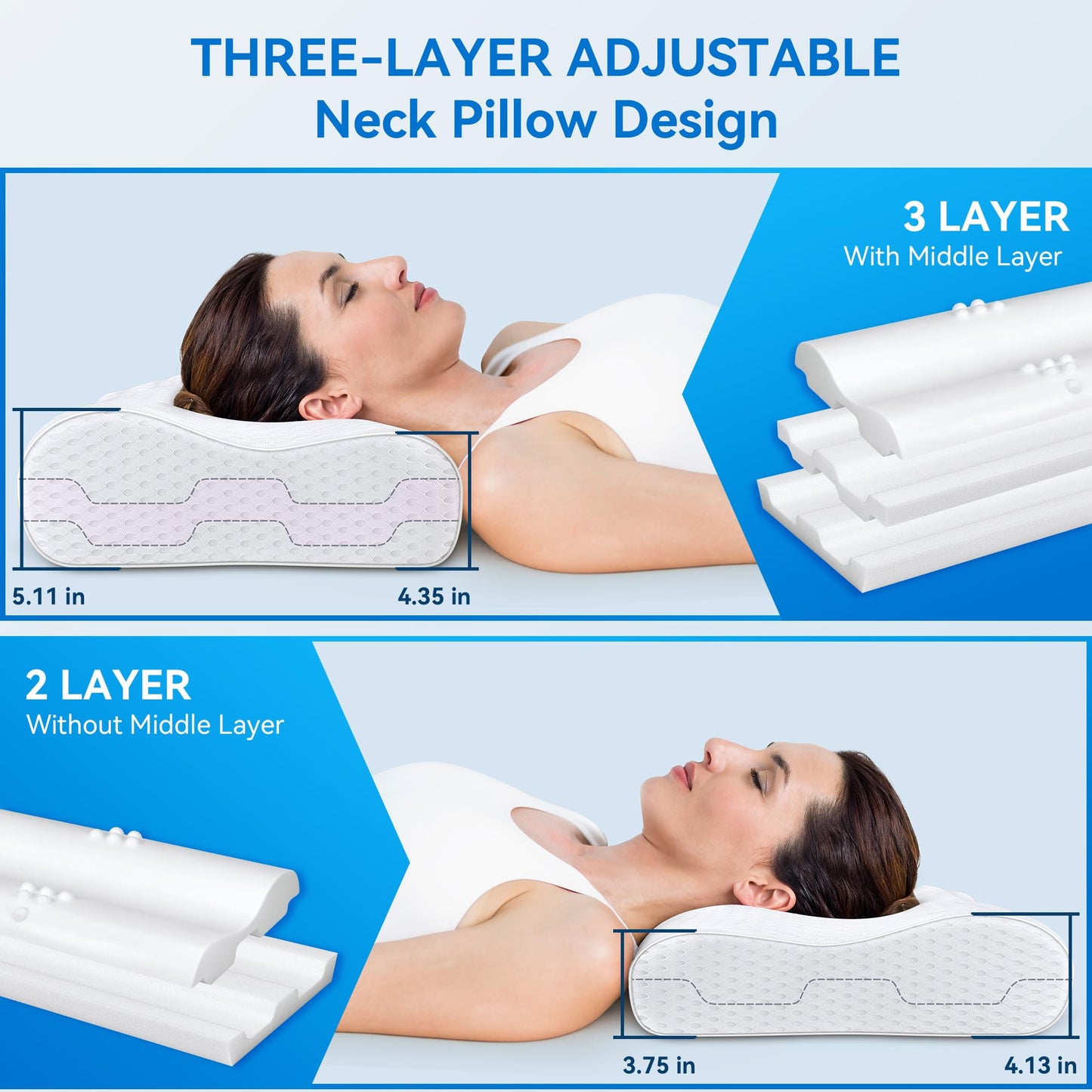 zibroges Cervical Neck Pillow for Pain Relief- Queen Size Adjustable Cooling Pillow for Sleeping, Memory Foam Pillows for Neck Shoulder, Ergonomic Contour Bed Pillow for Side, Stomach & Back Sleepers