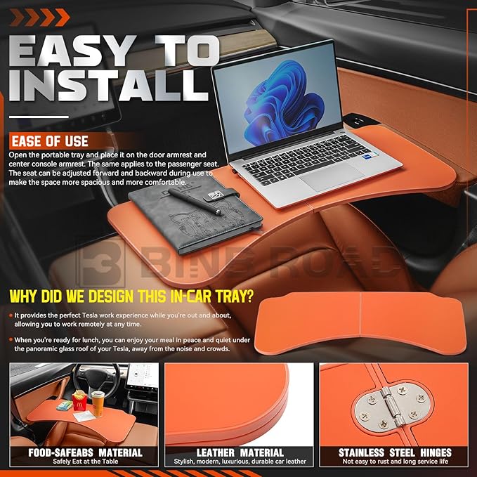 BINB ROAD Leather Tray Table Folding Car Table Compatible with Tesla Model 3 Y – Multi-Use Dining Tray & Laptop Stand, Fits Front Driver & Passenger Seats,Orange