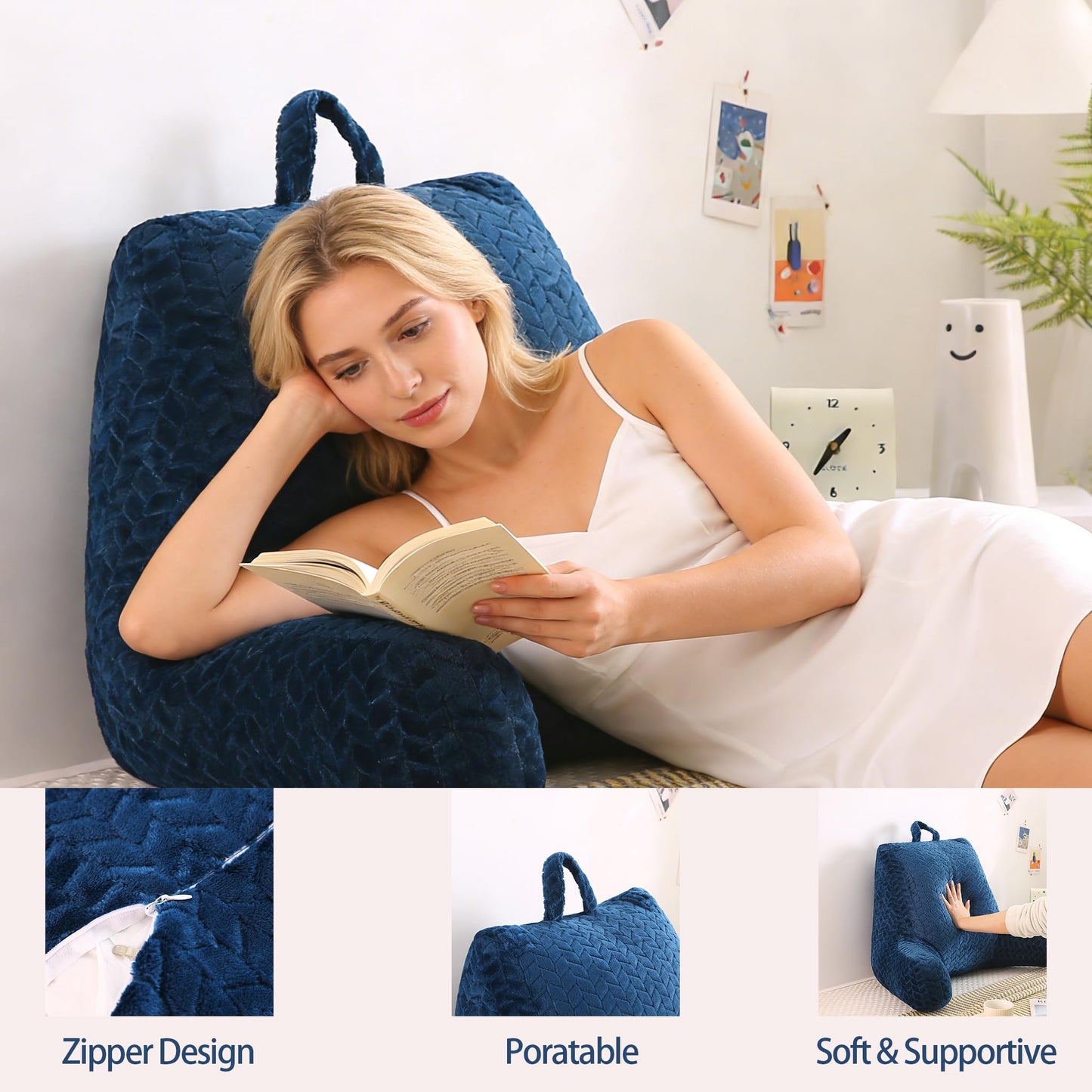 Omcosmos Blue Bed Reading Pillow for Adults, Memory Foam Backrest Pillow with Armrests for Sitting Up in Bed,Support for Back & Arms,Removable Washable Pillowcase for Sofa Seats
